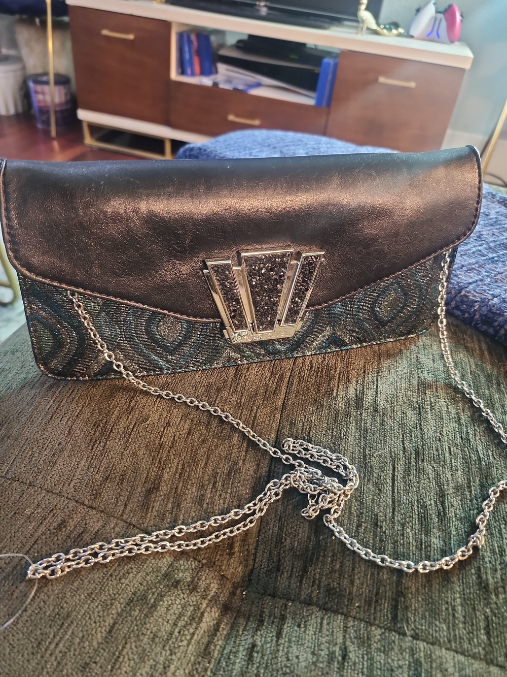 Henri Bendel Courtship Art Deco Clutch Black,Teal, Evening Clutch W/Silver Chain